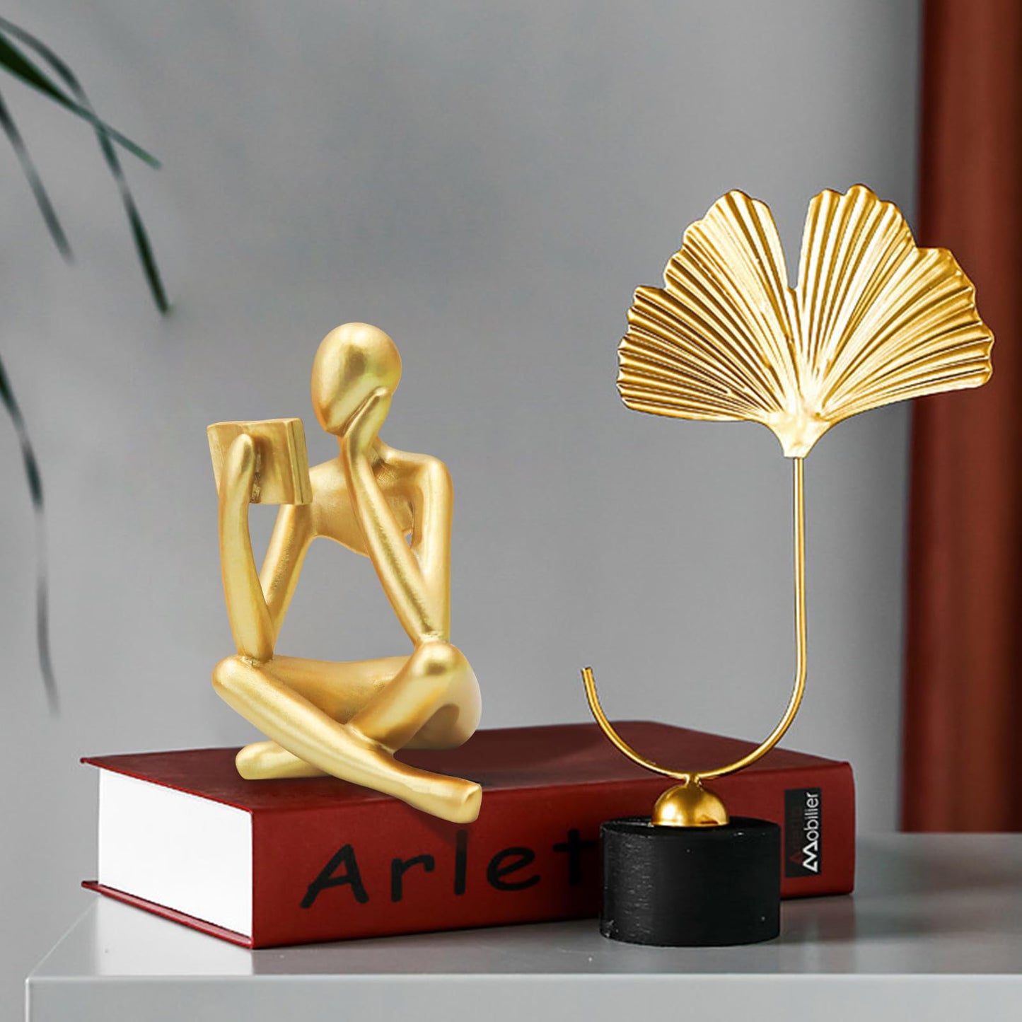 Jinkoozz Gold Reading Women Statue, Thinker Sculptures, Abstract Art Ornament, Modern Aesthetic Figurine Decoration, Suitable for Home Living Room Bedroom Office Shelf Table Desk Bookshelf Decor