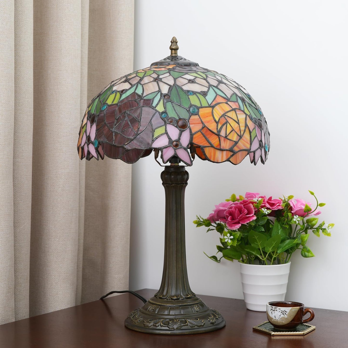 wecrejoni Tiffany Lamp Rose Flower Stained Glass Table Lamp 12X12X18 Inches Rose Style Desk Reading Light Decor Bedside Bedroom Living Room Home Festival Birthday Valentine's Day Christmas Gift
