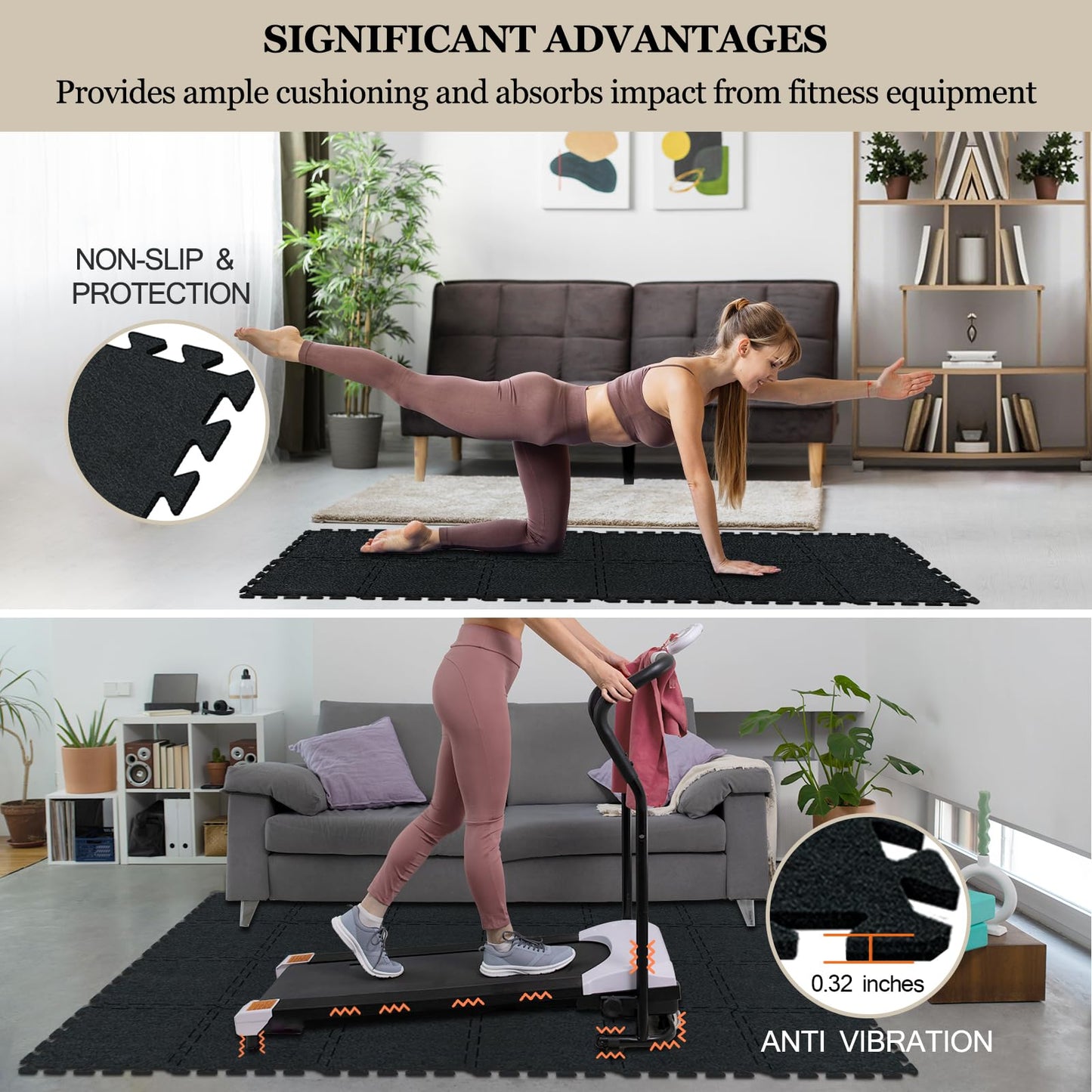 BXI Puzzle Exercise Mat 24 Pcs, 11 x 11 x 0.32 inches, High Density Noise Reduction Puzzle Felt Rug Mat, Non Slip Interlocking Floor Tiles for Workout, Gymnastics and Home Gym Protective Flooring