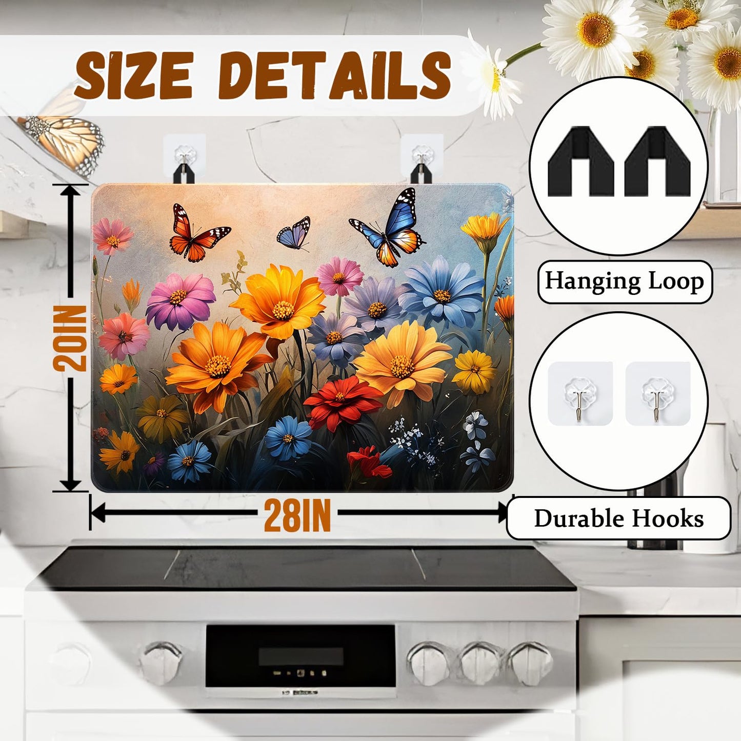 Floral Stove Top Cover for Electric Stove, Flower Range Covers, Butterfly Range Top Mat, Winter Holiday Cooktop Cover 28x20 inch, Glass Cooktop Covers for Kitchen Home Decor, Reusable Cover