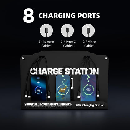 Wall Mounted 8 Port Charging Station with Fast Charigng Cables – Multi Device Charging Dock for Office, Hotel & Public Spaces | Compatible with iPhone ipad Smartphone Tablets Android Port (Black)
