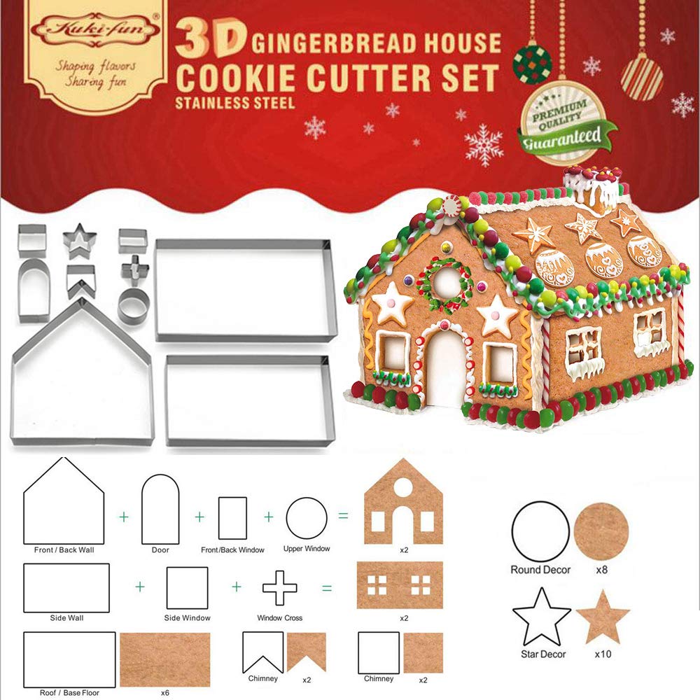 Sakolla (Set of 10) Gingerbread House Cookie Cutter Set, 3D Gingerbread House Kit Christmas Cookie Cutters for Kids Gingerbread Houses Mold Gift Box Packaging