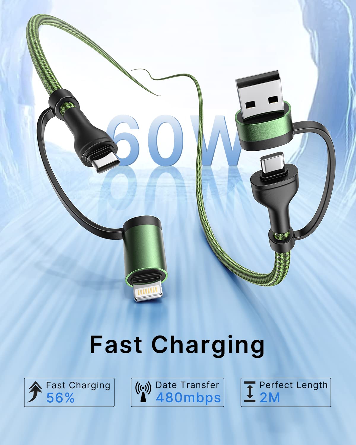 4 in 1 Charging Cable, USB C Lightning Adapter USB C to USB C 60W PD [Fast Charging & Data Sync] 4 in 1 Multi Charger for iPhone 16 15 14 13 12,MacBook Pro 2023 iPad mini 6/Pro,Samsung Galaxy S22 S21