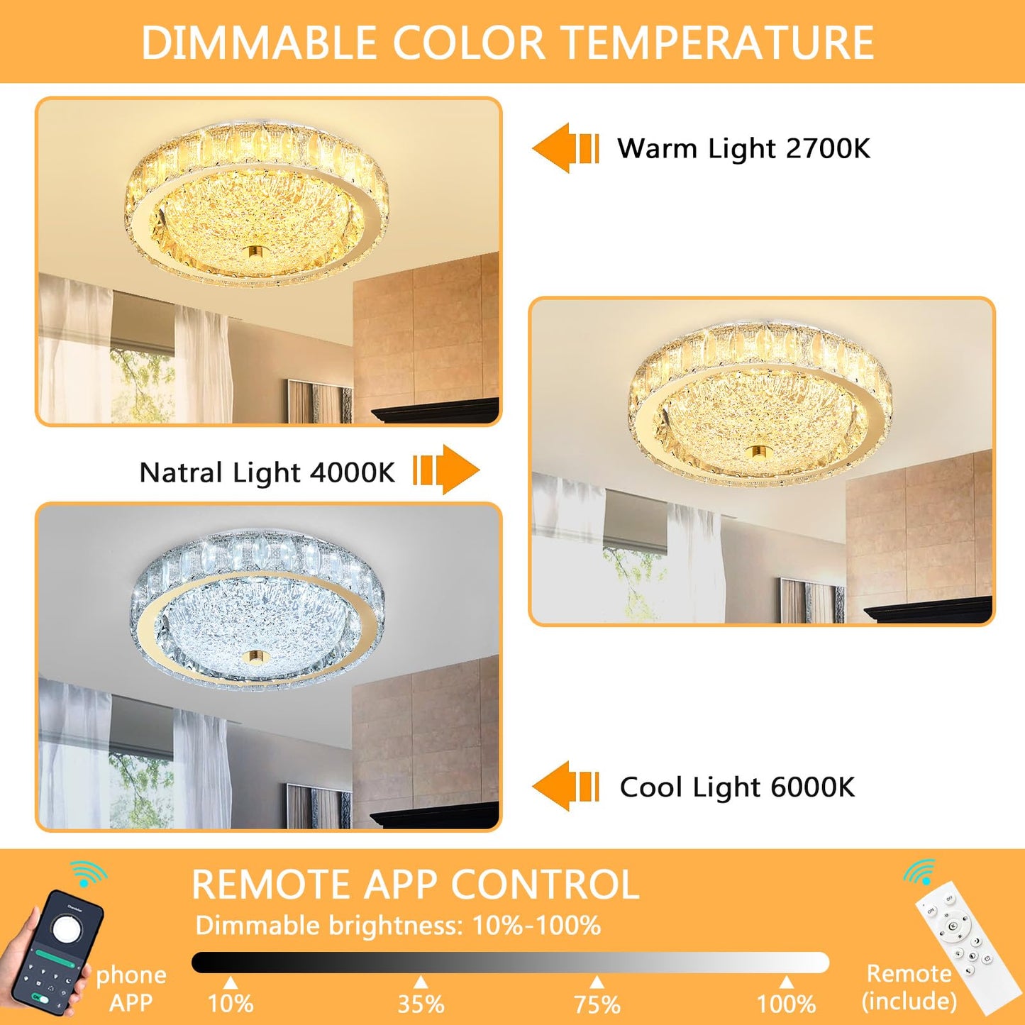 AFQEJG 11.8" Modern Mini Crystal Chandelier Dimmable LED Flush Mount Ceiling Light with Remote Control for Bedroom Hallway Dining Room Gold