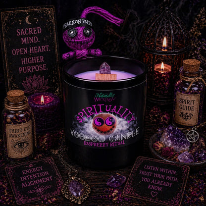 Naturally Wicked Voodoo Spirituality Candle Set - Inc. Voodoo Doll, Crystal, Wood Wick, Raspberry Ritual Scent & Gift Box