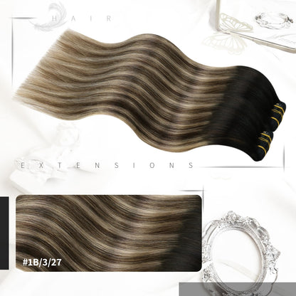 Moresoo Clip in Hair Extensions Real Human Hair Balayage Black to Brown with Caramel Blonde Double Wefted Clip in Human Hair Extensions Full Head 24 inch 7Pcs/120G #1B/3/27