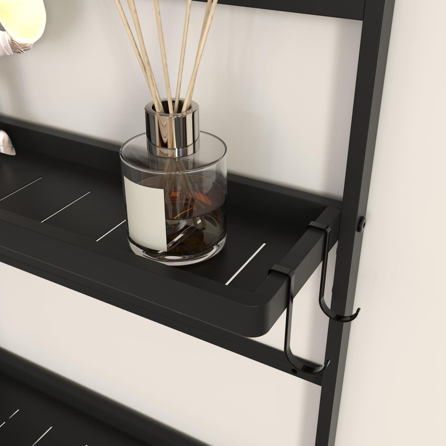 WONSTART 45" X 16" Black Wall Mirror with Shelf and Hooks, Rectangle Mirror for Wall, 3 Trays and 12 Removable Hooks,for Living Room, Hallway, Bedroom (Black-Square)