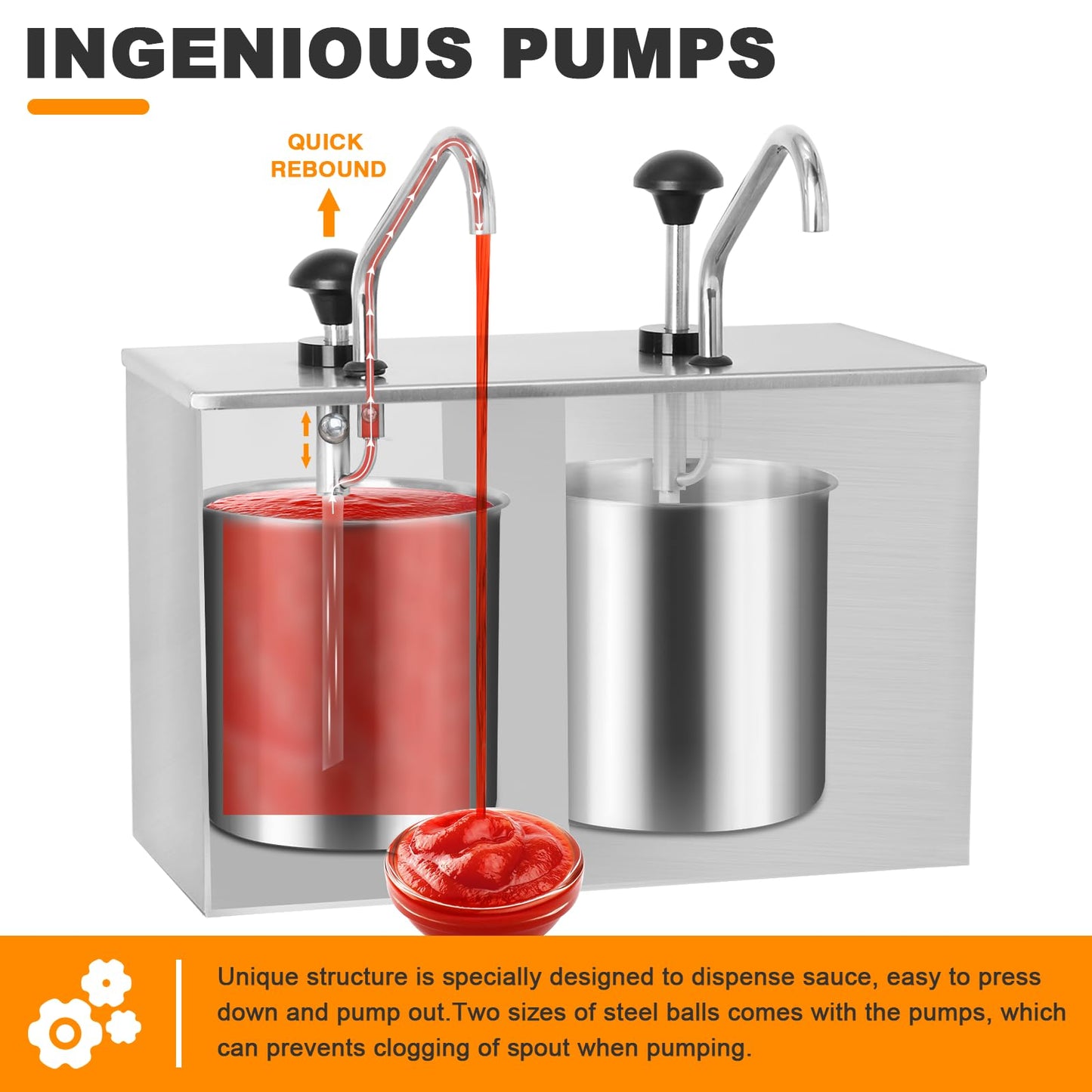 Saladulce Commercial Sauce Dispenser Pump Stainless Steel Condiment Pump Station 7.4Quart Pump Dispenser Container for Ketchup Dressing Syrup Jam BBQ Sauce