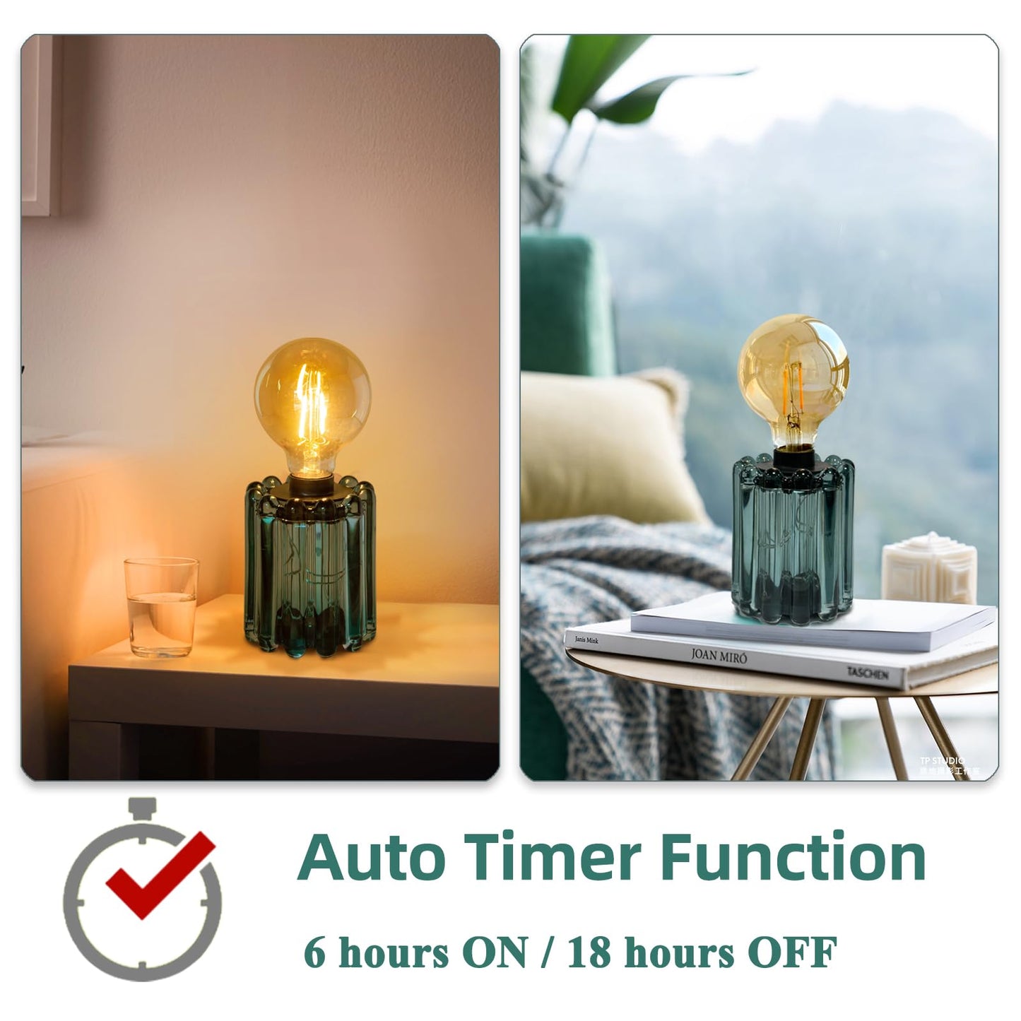 Set of 2 Battery Operated Table Lamp, Battery Powered Cordless Lamp with Timer, Glass Bulb Shape Decorative Lights for Living Room Bedroom Weddings Parties Patio Events Indoors Outdoors（Loden Frost）