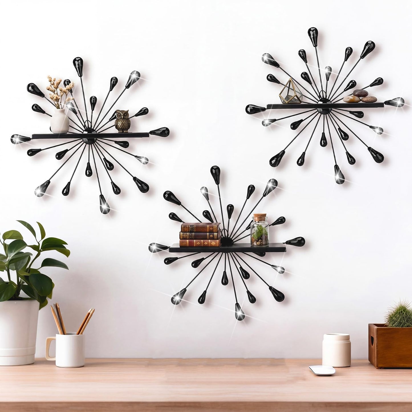 Yaocom 3 Pcs Bling Crystal Floating Shelves Metal Starbursts Wall Decor Folding Shelf Black Corner Shelves Hanging Wall Mounted for Storage Bedroom Bathroom Living Room Kitchen Office Home Decoration