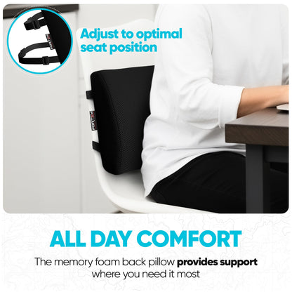FORTEM Lumbar Support Cushion, Back Support for Office Chair and Car Seat, Back Rest for Gaming, Memory Foam Pillow, Desk Chair Cushion, Breathable & Washable Cover, Adjustable Straps