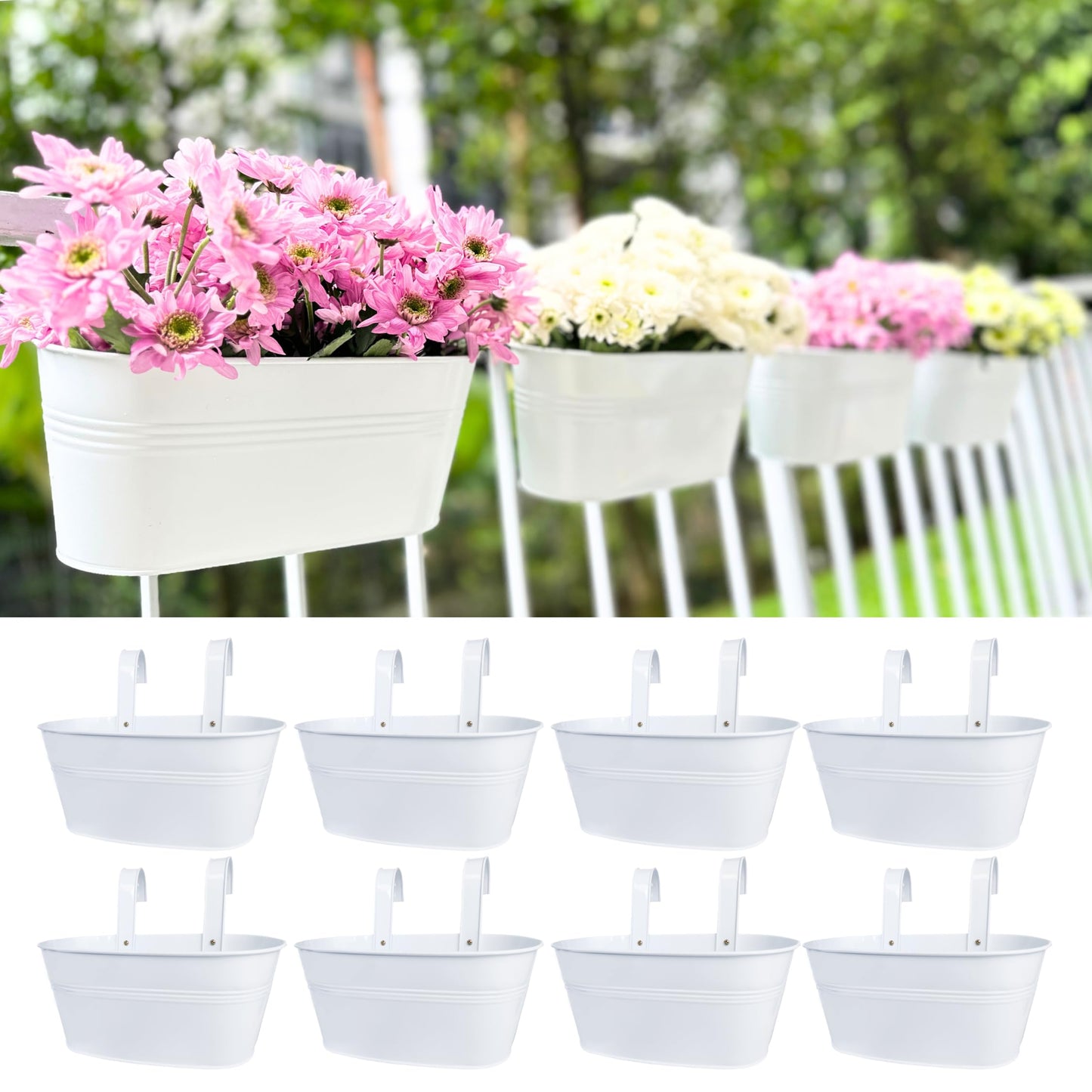 LaLaGreen Outdoor Rail Planter (8 Pack, 9.8 Inch) Small and Cute White Metal Iron Hanging Flower Pots Deck Railings Fence Buckets Countryside Style Wall Mount Window Box Plant Holder Hooks Porch Decor