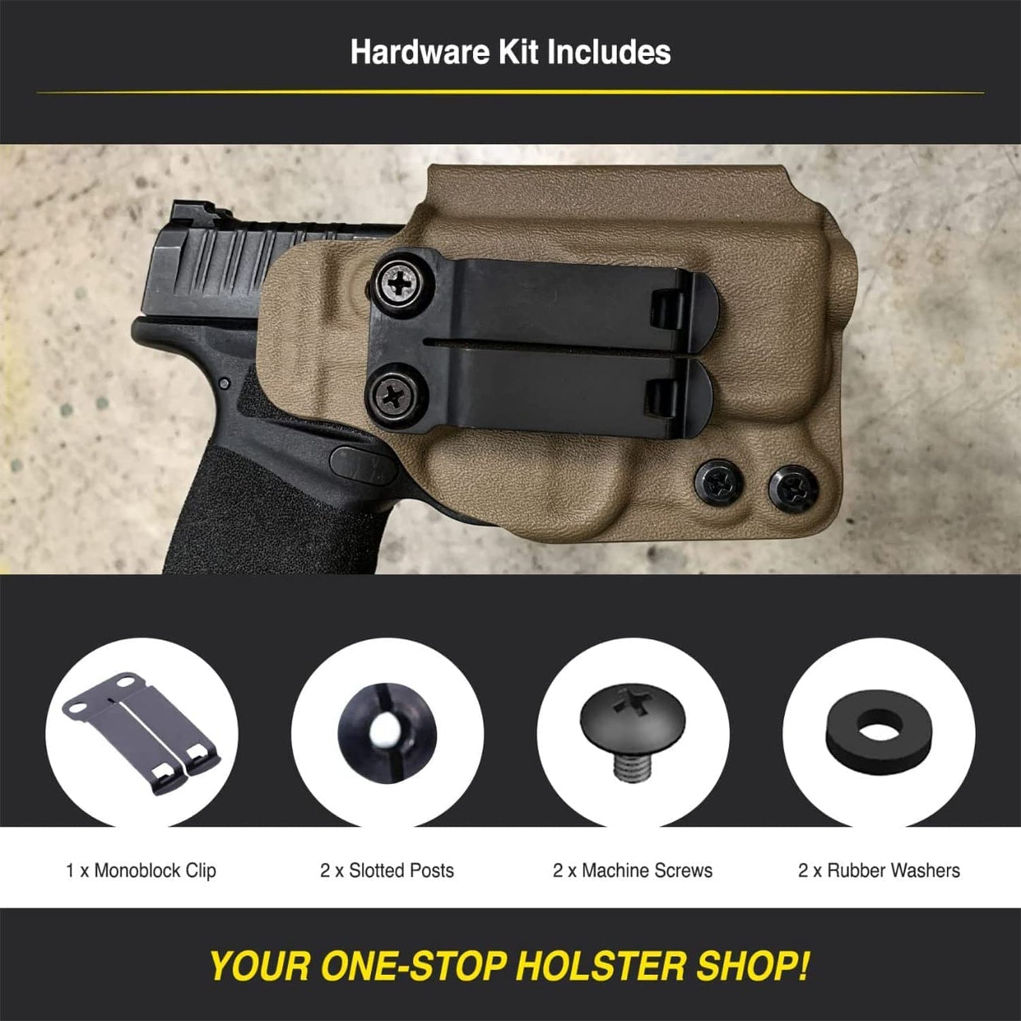 HolsterBuilder DCC Monoblock Clip, Metal Belt Clip for IWB/OWB Concealed Carry Holster, Secure Holster Attachment with Mounting Hardware, Dark Matte Grey, Made in USA