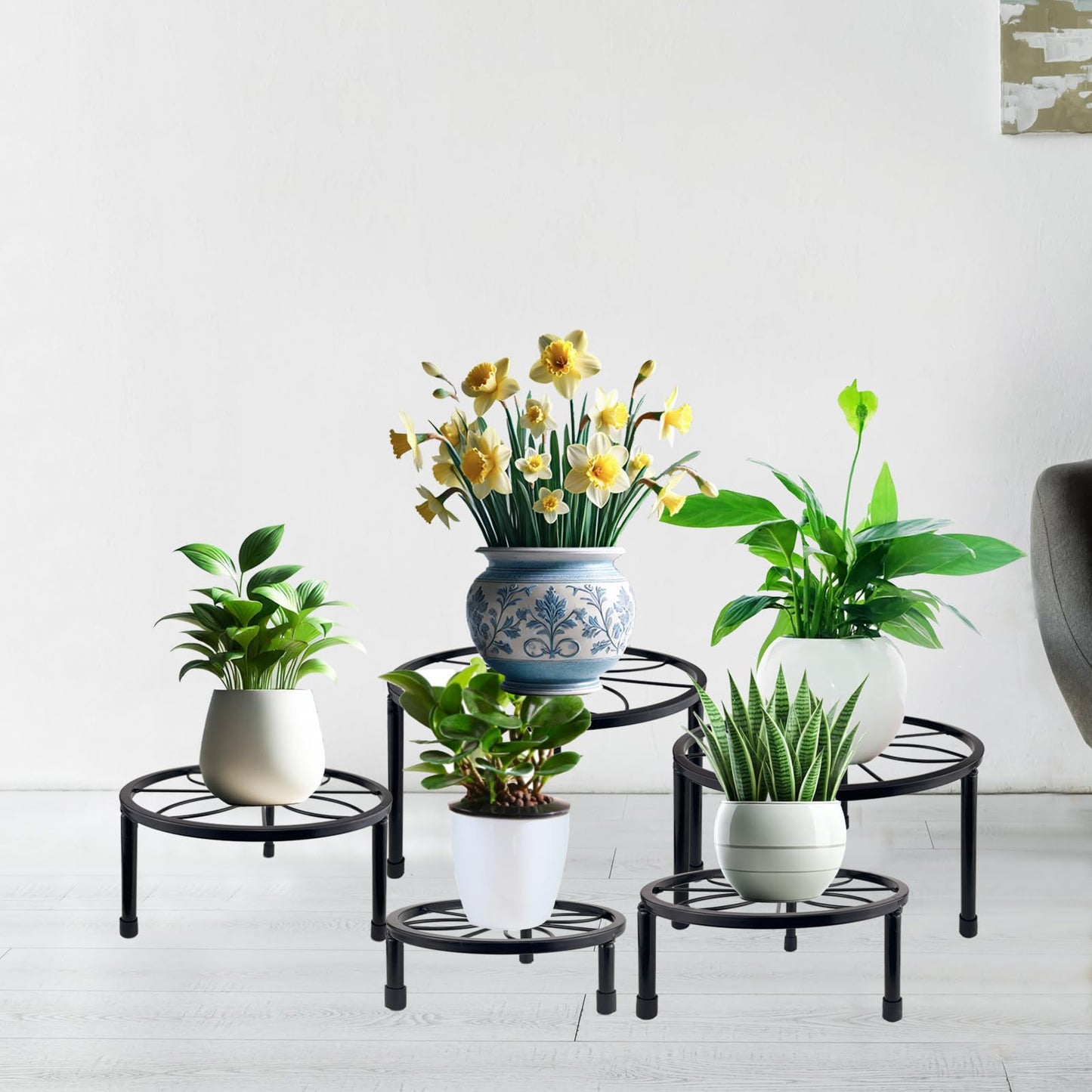 HENABLE 5 Packs Metal Plant Stand Indoor, Outdoor Black Plant Stand for Multiple Plant, Rustproof Iron Round Heavy Duty Flower Pot Stand, Plant Shelf for Planter Garden Home