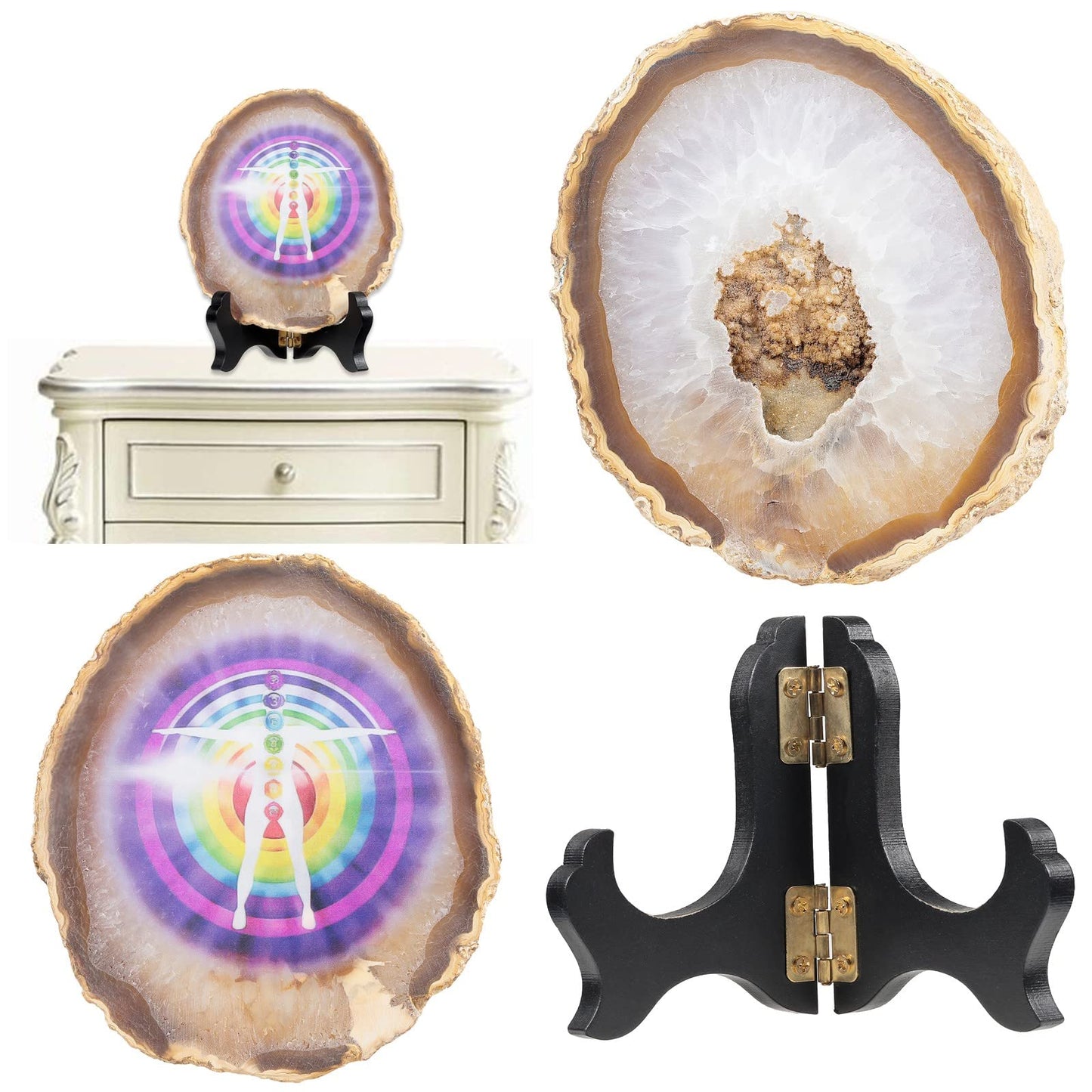 SUNYIK 7 Chakra Pattern Natural Geode Agate Slice Display with Wooden Stand, Irregular Agate Slab Tabletop Desktop for Office Home Decor, Light Purple-7 Chakra