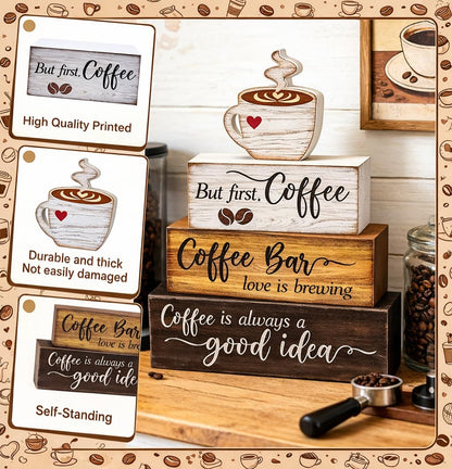 4 Pcs Wooden Coffee Bar Decorations Rustic Coffee Bar Signs for Tiered Tray Farmhouse Coffee Station Table Centerpiece Wood Bar Sign Gift Set Farmhouse Decor for Home Kitchen Tabletop