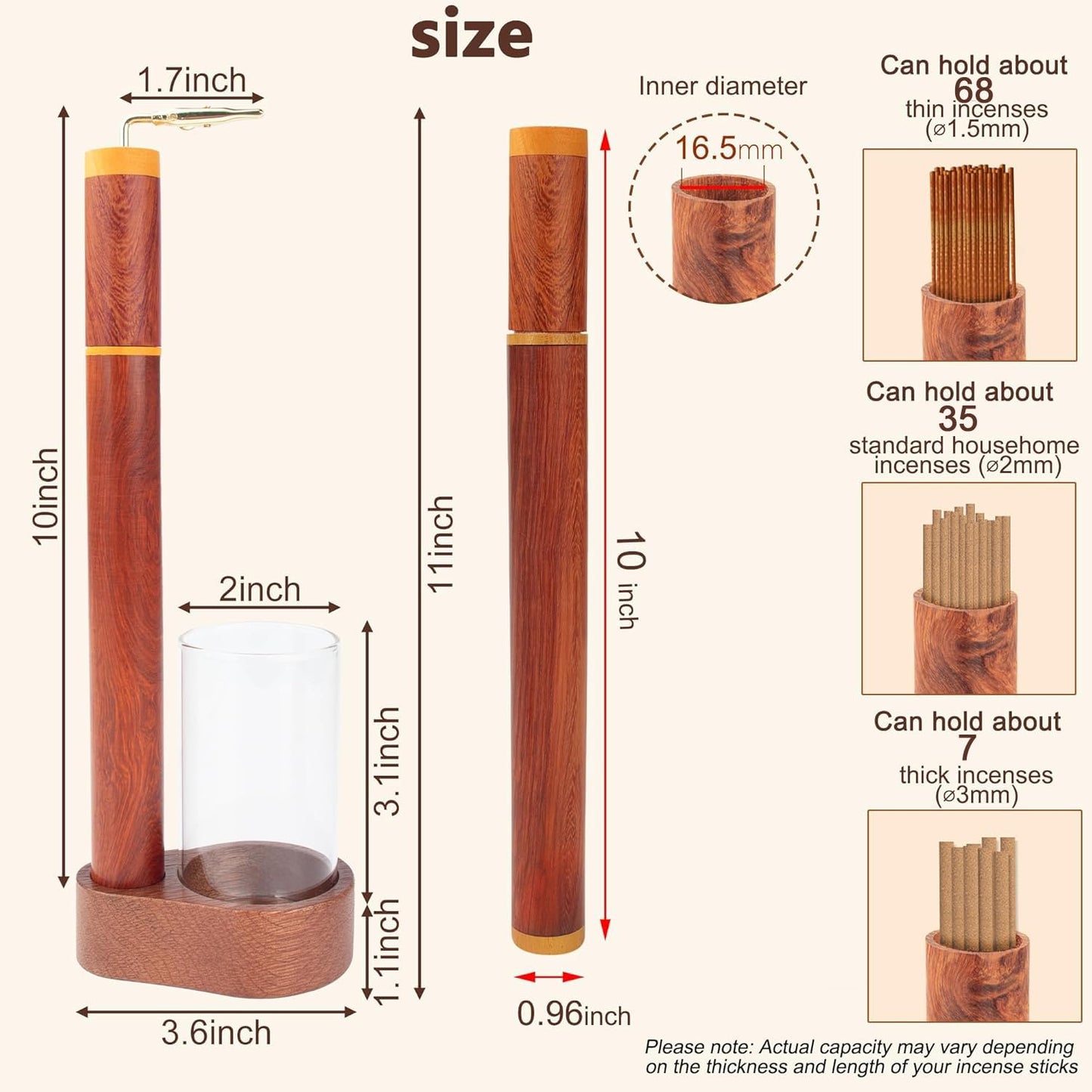 Zeckzoin Wood Incense Holder for Sticks with Glass Ash Catcher-Airtight StorageTube,Portable Incense Burner for Yoga Meditation Travel Home Gift