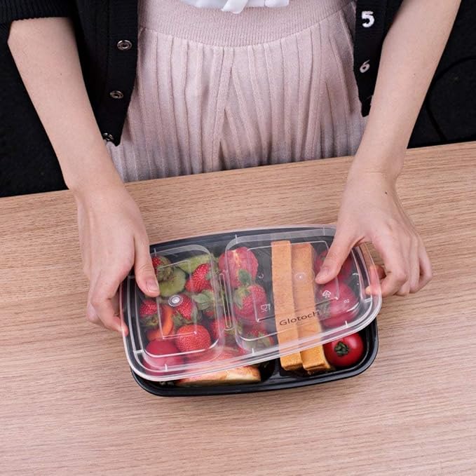 Glotoch Express 300 Pack 32oz Black 2 Compartment Square Meal Prep Containers