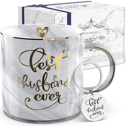 Gifts for Husband from Wife - Gray Marble Ceramic Coffee Mug Cup 11.5oz w/ KeyChain - Best Husband Ever - Birthday Gift Novelty Present for Anniversary, Valentines Day, Christmas Xmas, Thanksgiving