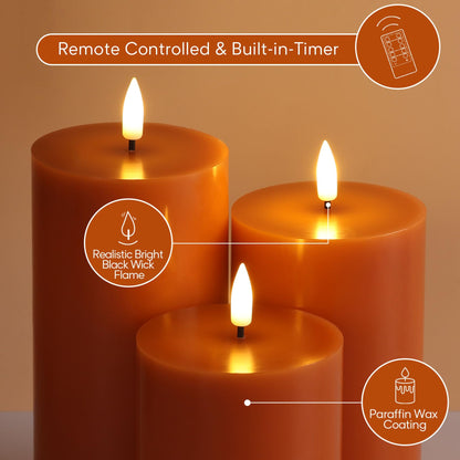 Girimax Burnt Orange Flameless Pillar Candles with Remote, Christmas LED Wax Candles Holiday Table Centerpieces Set of 3