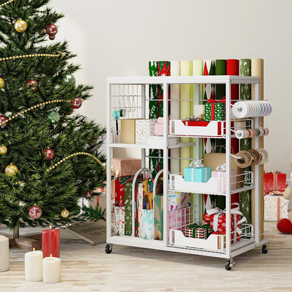 LUCKUP Rolling Wrapping Paper Organizer Cart – Gift Wrap Storage with Wheels, 20 Roll Holders, 3 Drawers & Ribbon Dispenser, Craft Organizer for Christmas, Birthdays, White