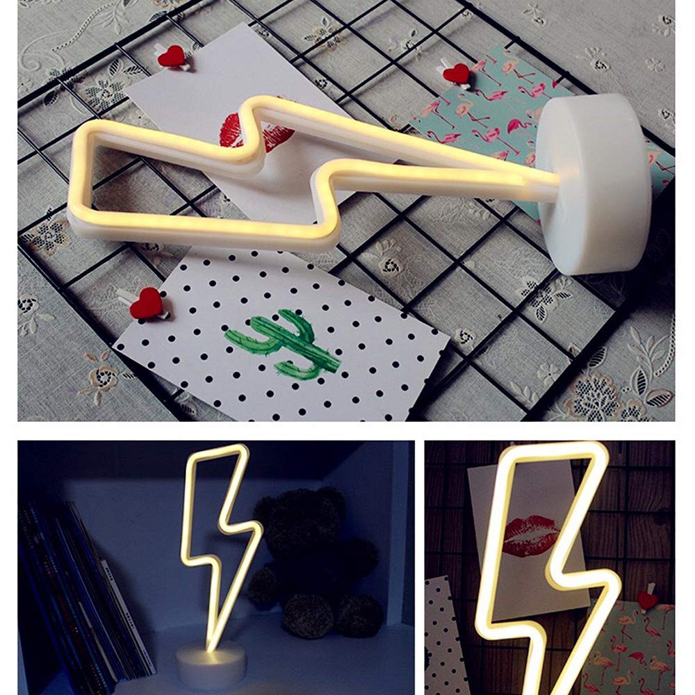 Warm White Lightning Neon Light Signs Lightning LED Lamps Lights Room Decor Battery/USB Operation Night Lights with Base Neon Light up Bar Bedroom Party Christmas