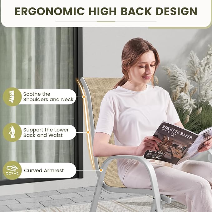 UDPATIO Patio Chairs Set of 2, Stackable Silver Outdoor Dining Chairs with High Back, Breathable Textilene Fabric Outdoor Chair All Weather, 350LBS Capacity for Garden, Backyard (Beige)