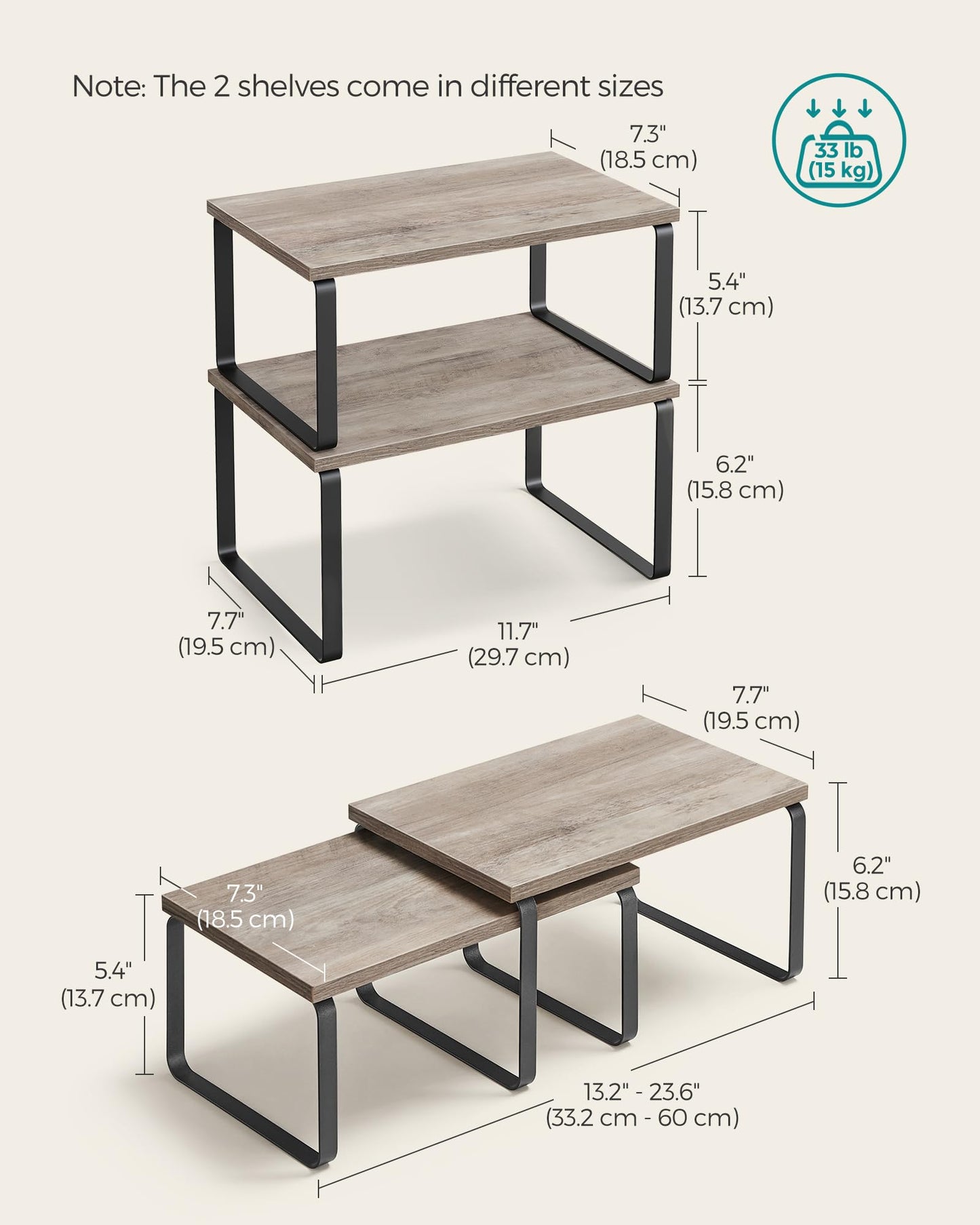 SONGMICS Cabinet Organizer Shelf, Set of 2 Kitchen Counter Shelves, Kitchen Storage, Spice Rack, Stackable, Expandable, Metal and Engineered Wood, Ink Black and Natural Beige UKCS02NB