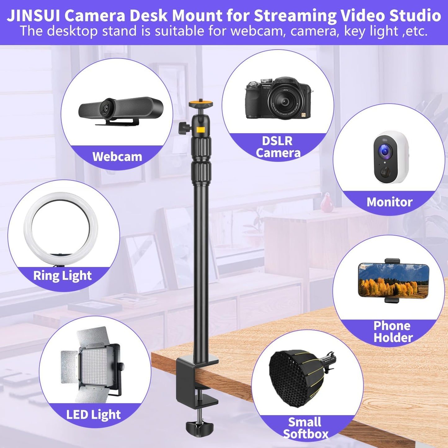Camera Desk Mount Webcam Stand with 360° Ball Head, Adjustable Table Light Stand 14"-33", Tabletop C Clamp for DSLR Camera, Ring Light, Live Streaming, Photo Video Studios