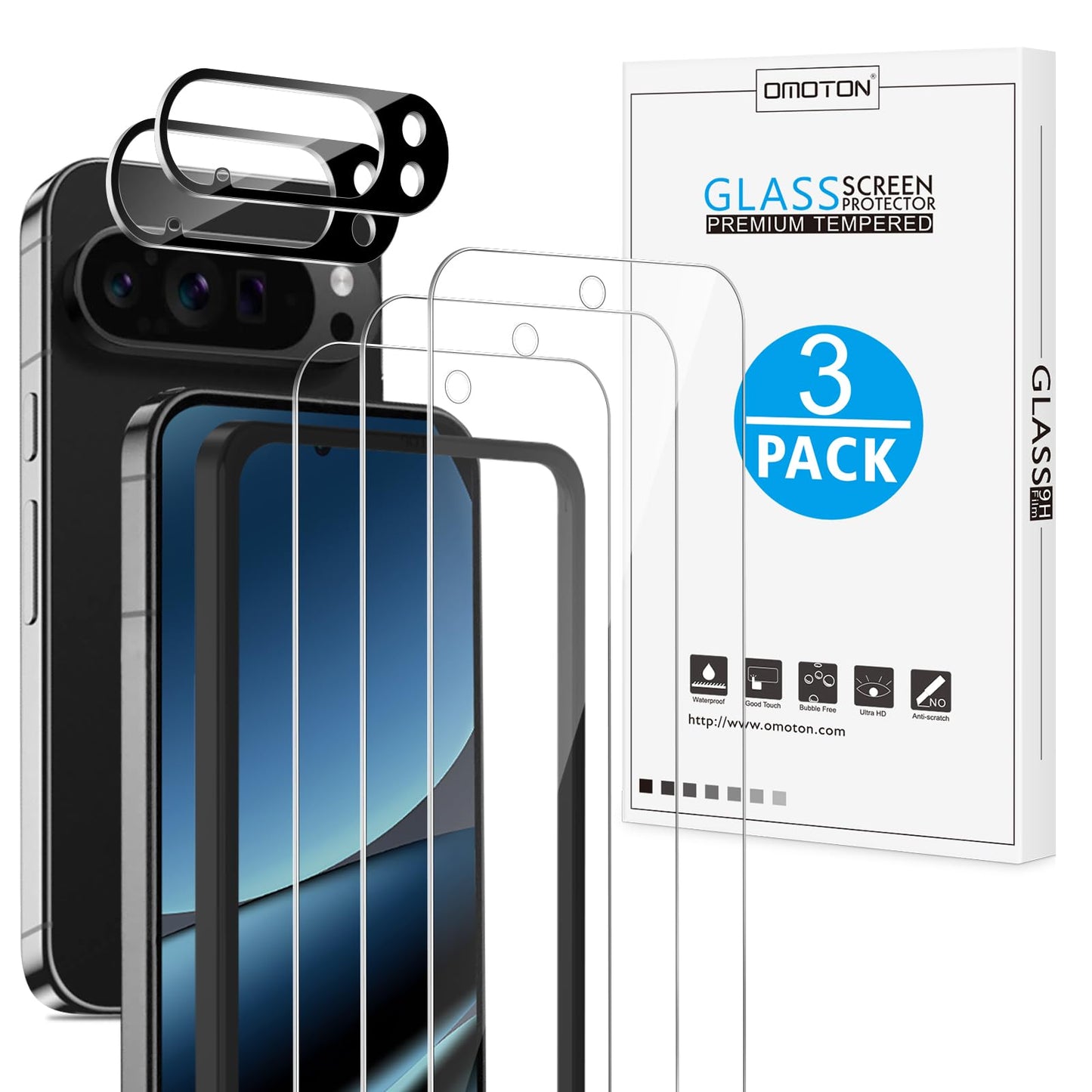 OMOTON 3+2 Pack for Google Pixel 9 Pro XL Screen Protector 6.8 Inch, 3 Tempered Glass Film & 2 Camera Lens Protector, Bubble-free, HD Clear, Not for 9 Pro/ 9