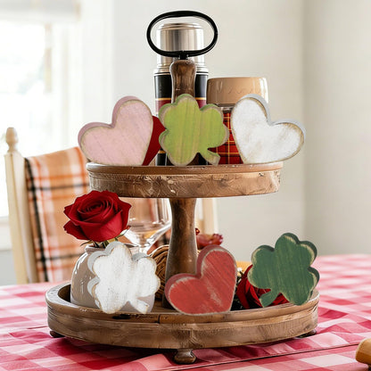 PAIVSUN 6Pcs Valentine's Day/St.Patrick's Day Tiered Tray Decorations, Double-Sided Distressed Heart and Shamrock Wooden Signs Clover Table Decor for Home Office Tabletop (Retro Mix)