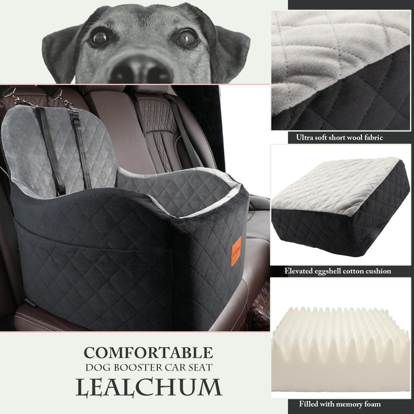 Lealchum Dog Booster Car Seat for Small/Medium Dogs,Puppy Portable Seat for Car with Elevated Cushion,Fully Detachable and Washable Pet Seat with Storage Pockets,Easy to Install (Black/Grey, Medium)