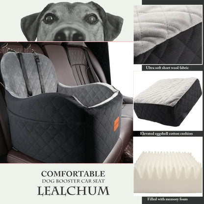 Lealchum Dog Booster Car Seat for Small/Medium Dogs,Puppy Portable Seat for Car with Elevated Cushion,Fully Detachable and Washable Pet Seat with Storage Pockets,Easy to Install (Black/Grey, Medium)