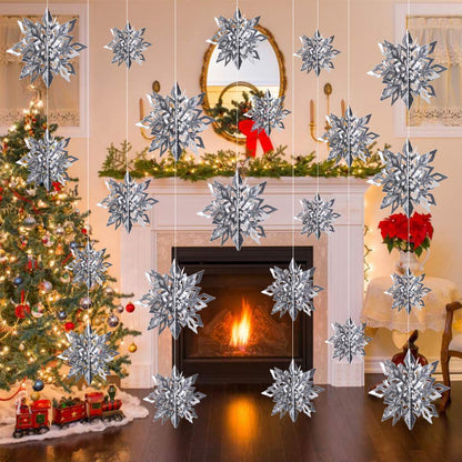 CCINEE 12 Pieces 3D Silver Snowflake Hanging Garland, Christmas Iridescent Paper Snowflakes String Ornaments for Classroom Ceiling Winter Wonderland Wall Hang Holiday New Year Home Decorations