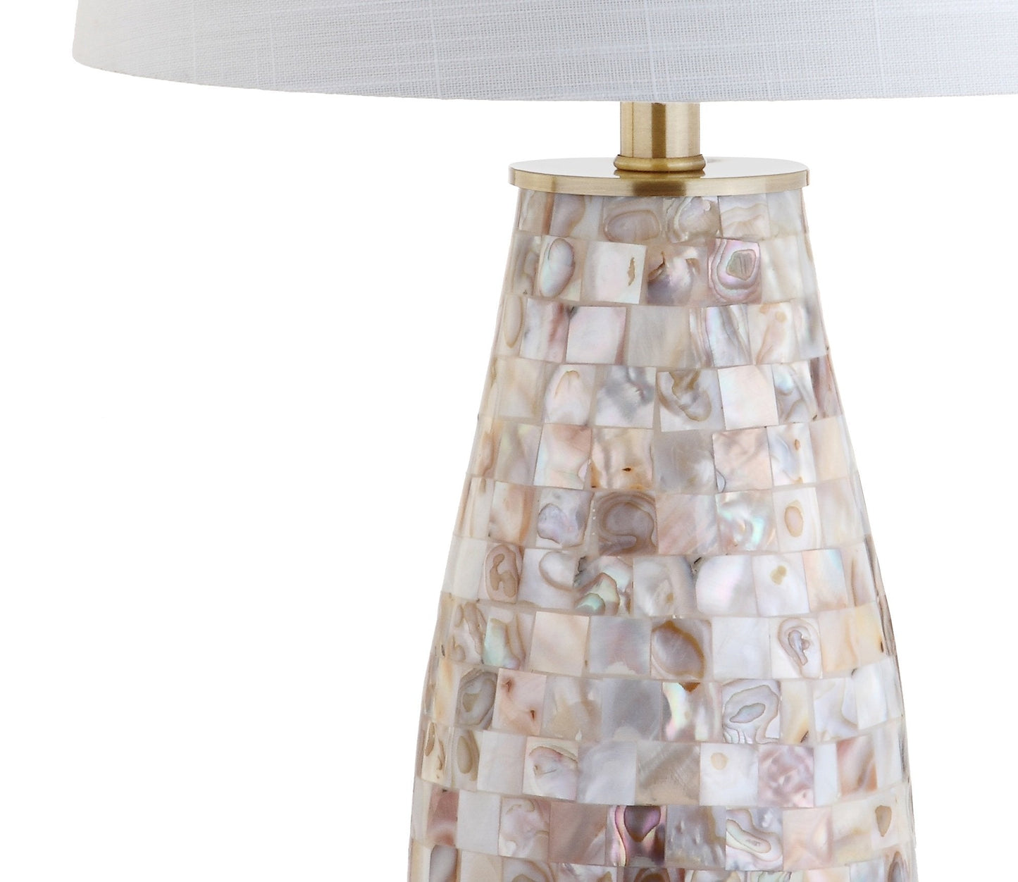 JONATHAN Y 28" Natural Mosaic Seashell Table Lamp, Coastal Contemporary Resin Lamp for Living Room Bedroom, White Linen Shade, Brass Gold Accents, LED Bulb Included JYL4005A
