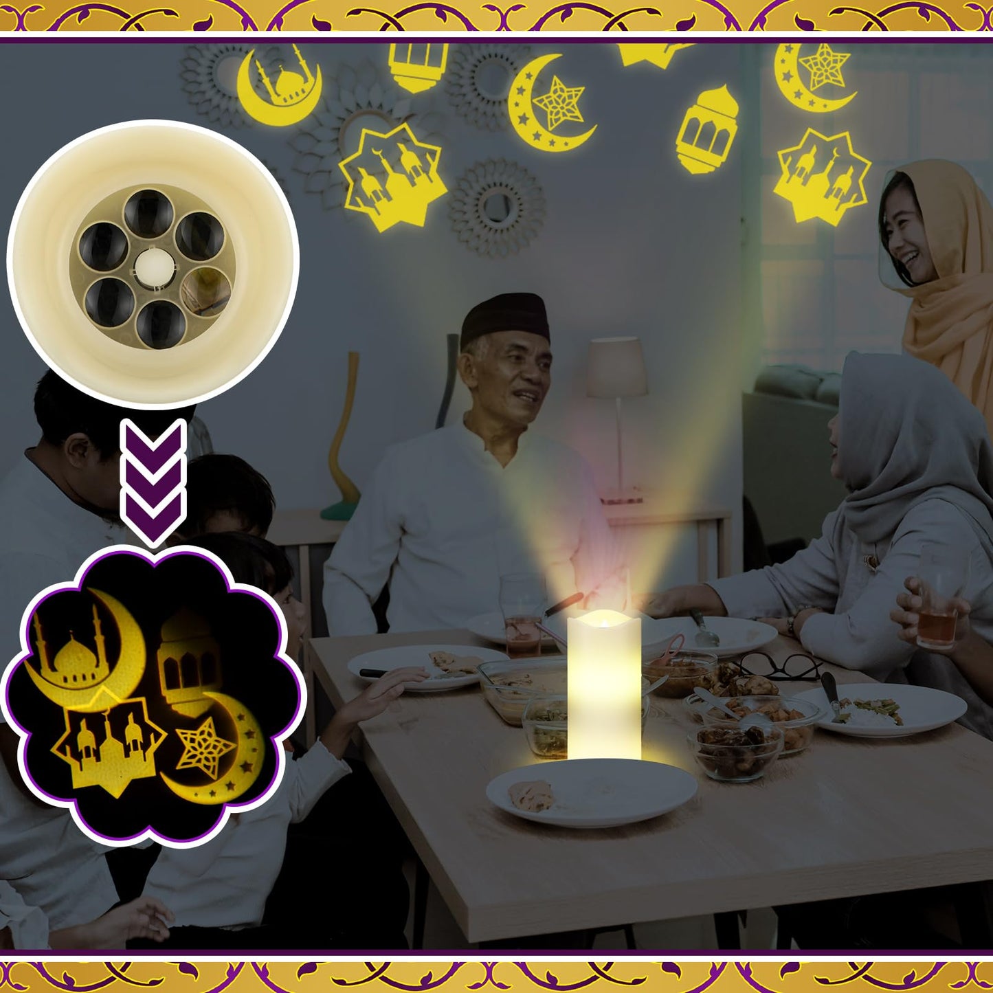 Baquler Ramadan Flameless Candles Projector Light Eid Mubarak LED Candle Battery Operated Star Moon Night Light with Remote and Timer Eid Mubarak Electric Gifts Ramadan Decoration for Home Room Decor