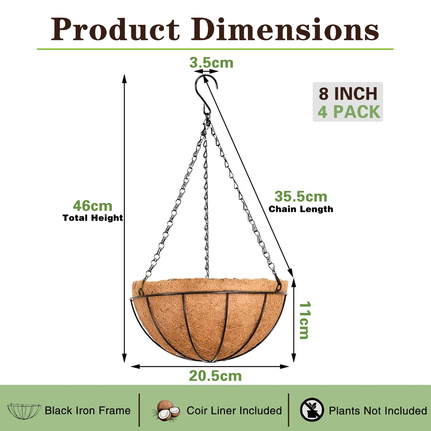 EIMQUVW Outdoor Metal Hanging Planters Basket (4pack, 8 inch) Hanging Baskets for Plants Chain Round Wire Plant Holder with Coco Fiber Liners for Garden, Patio, Deck, Porch