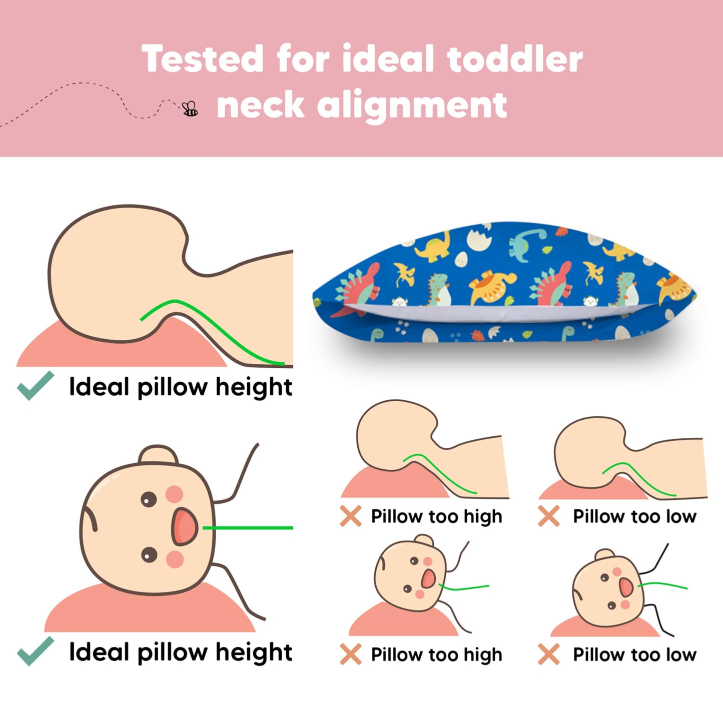 Toddler Pillow with Pillowcase - 13x18 My Little Dreamy Kids Travel Bed Pillows for Sleeping, Organic Cotton Small Pillowcase, Soft & Breathable, Machine Washable, Toddlers 2-5 Years Old (DinoWorld)