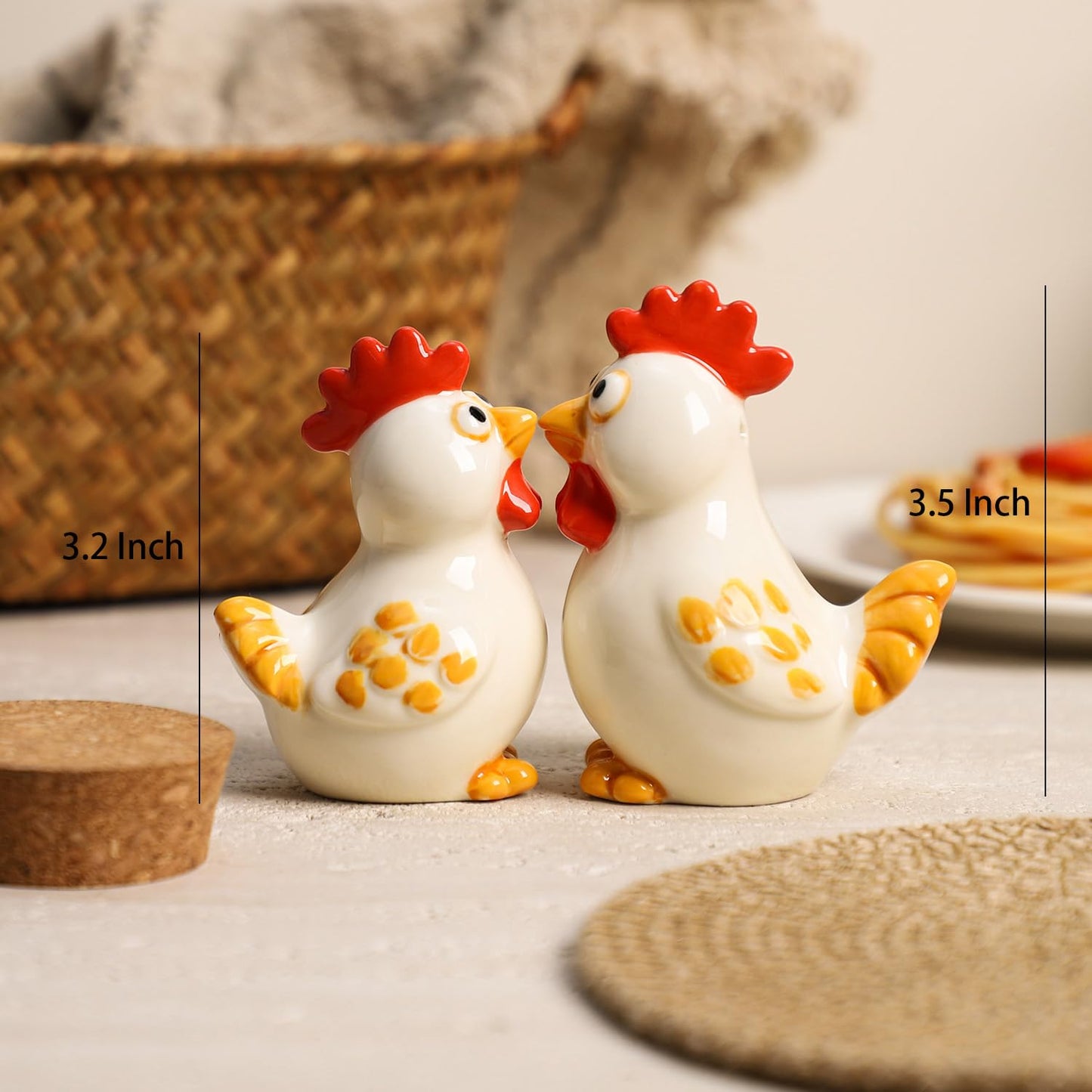 Bicuzat Ceramic Hen and Rooster Salt & Pepper Shakers Set, Hand-Painted Chicken Salt and Pepper Shakers, 2 PCS Set