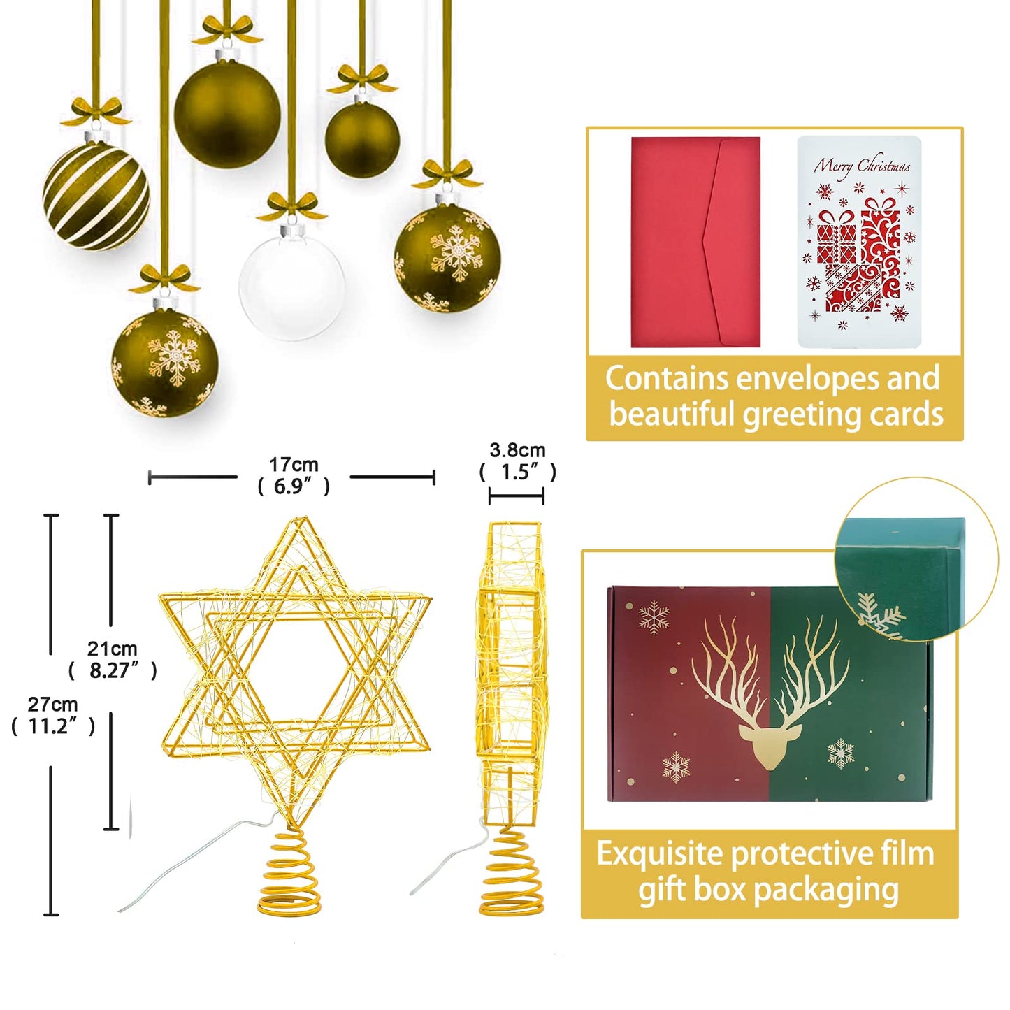 11 Inch Christmas Tree Star Topper 3AA Battery Powered Christmas Tree Topper Lighted, Gold Iron Christmas Tree Star Topper with 20LED Lights, for Christmas, Party & Home(Warm Light)