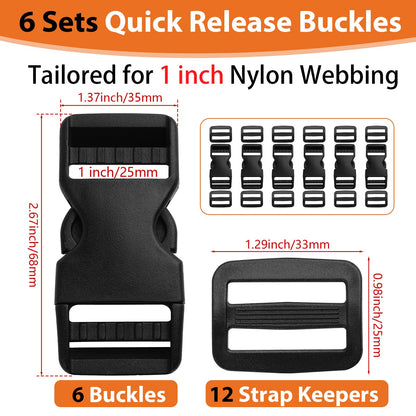 Mkobon 6 Set 1" Buckle Quick Release Buckle + 12 Pcs Strap Clips, Heavy Duty Side Release Buckle, Plastic Buckle Clips for Nylon Strap, Dog Collar Extender, Backpack Strap Replacement