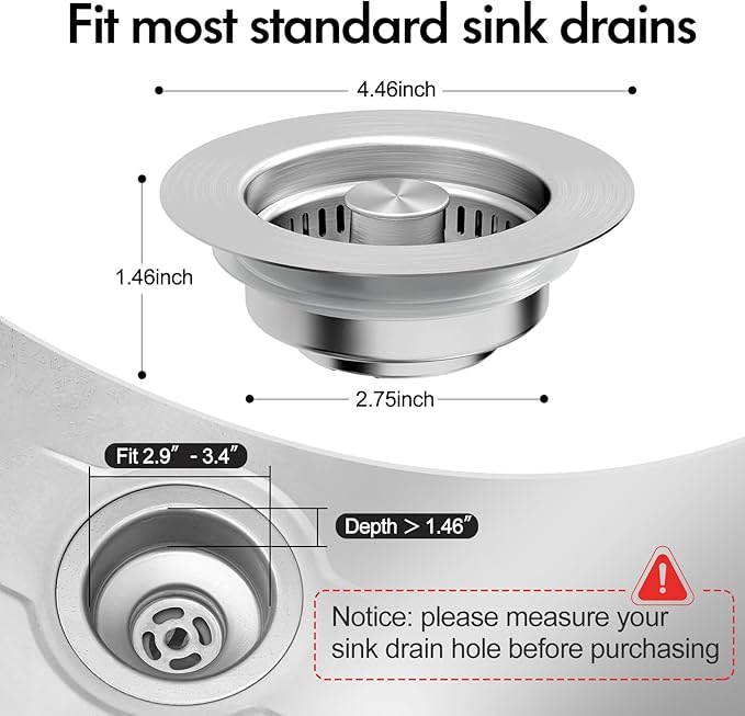 3 in 1 Kitchen Sink Drain Strainer & Sink Stopper, 304 Stainless Steel Pop Up
