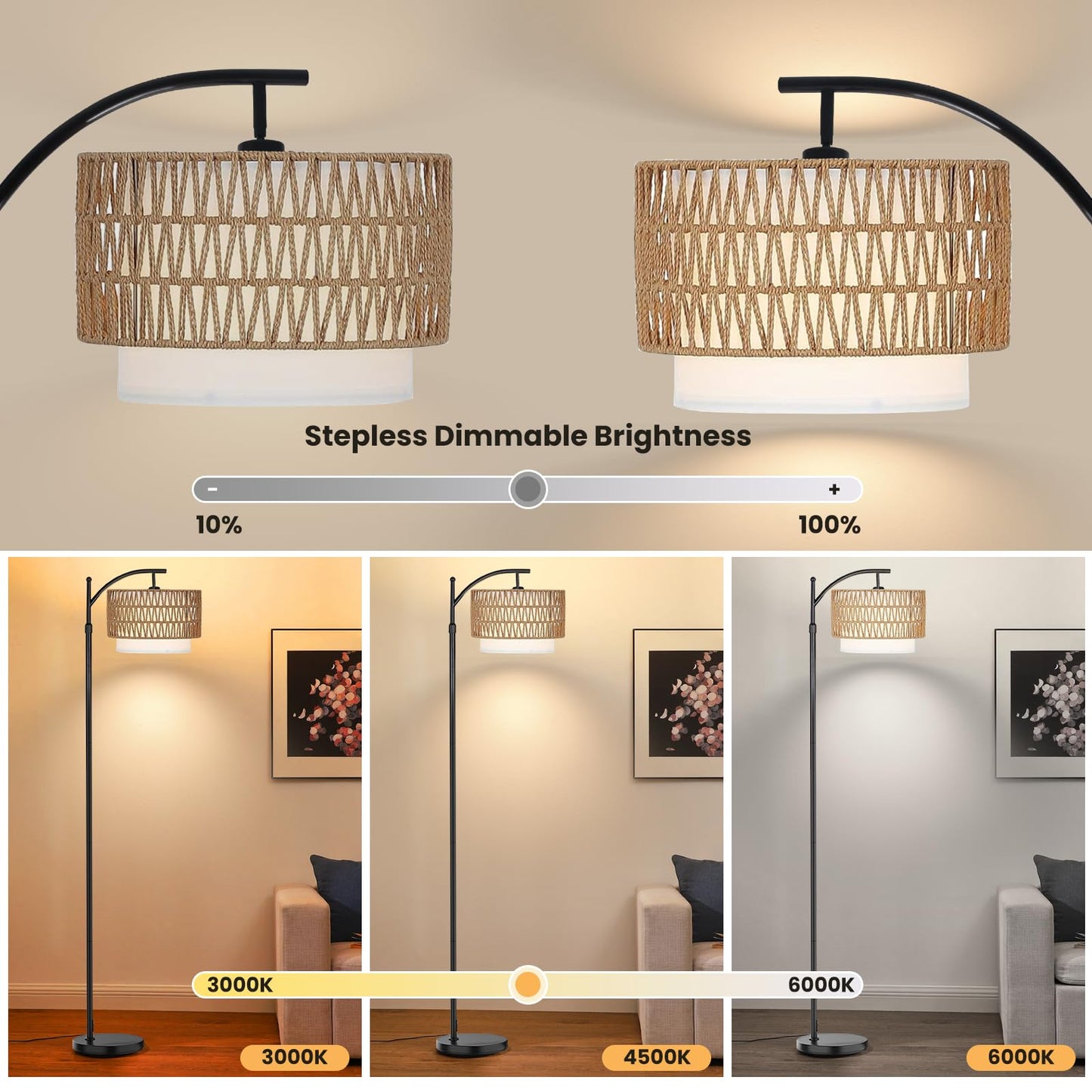 Yusist Arc Floor Lamp for Living Room,Farmhouse Floor Lamps with Remote Control & Dimmable Bulb,Rattan Boho Tall Standing Lamp for Bedroom Office