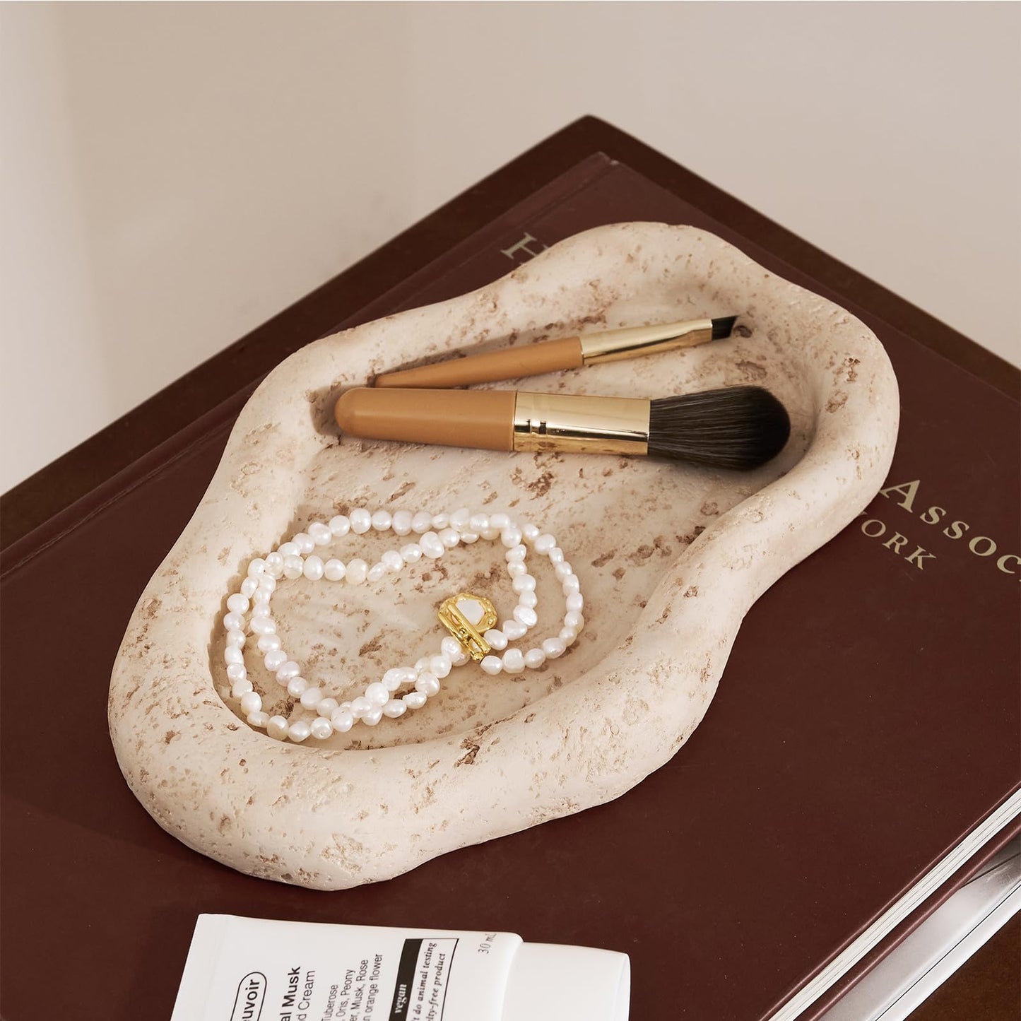 Cloud-Shaped Resin Jewelry Tray, Beige Travertine Vanity Tray for Bathroom Countertop, Trinket Candle Dish, Perfume Holder, Decorative Ottoman Tray for Home Decor Coffee Table Dresser