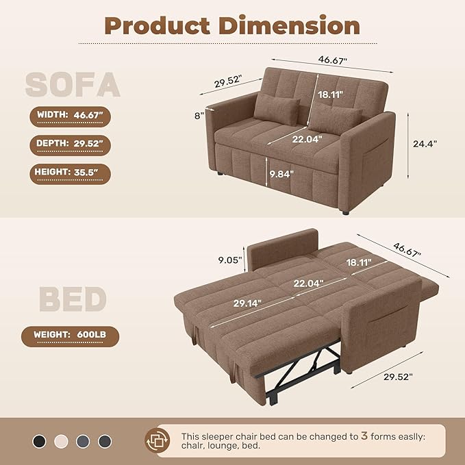Nebuaegis Sleeper Sofa Bed, 3-in-1 Convertible Pull Out Couch