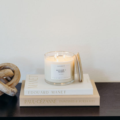 Calyan Wax Co. Vetiver & Tonka 3 Wick Scented Candle - 43 Hour Burn - Luxury 3 Wick Soy Candles - Clean Soy Wax Candles - Long Lasting Large Glass Jar Candle for Home - 14.9oz