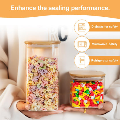 YUNCANG Glass Storage Jars 6 Pack 37oz Clear Glass Food Storage Containers with Airtight Bamboo Lid Stackable Kitchen Canisters for Candy,Cookie,Rice,Sugar,Flour,Pasta,Nuts and Spice Jars(Square)