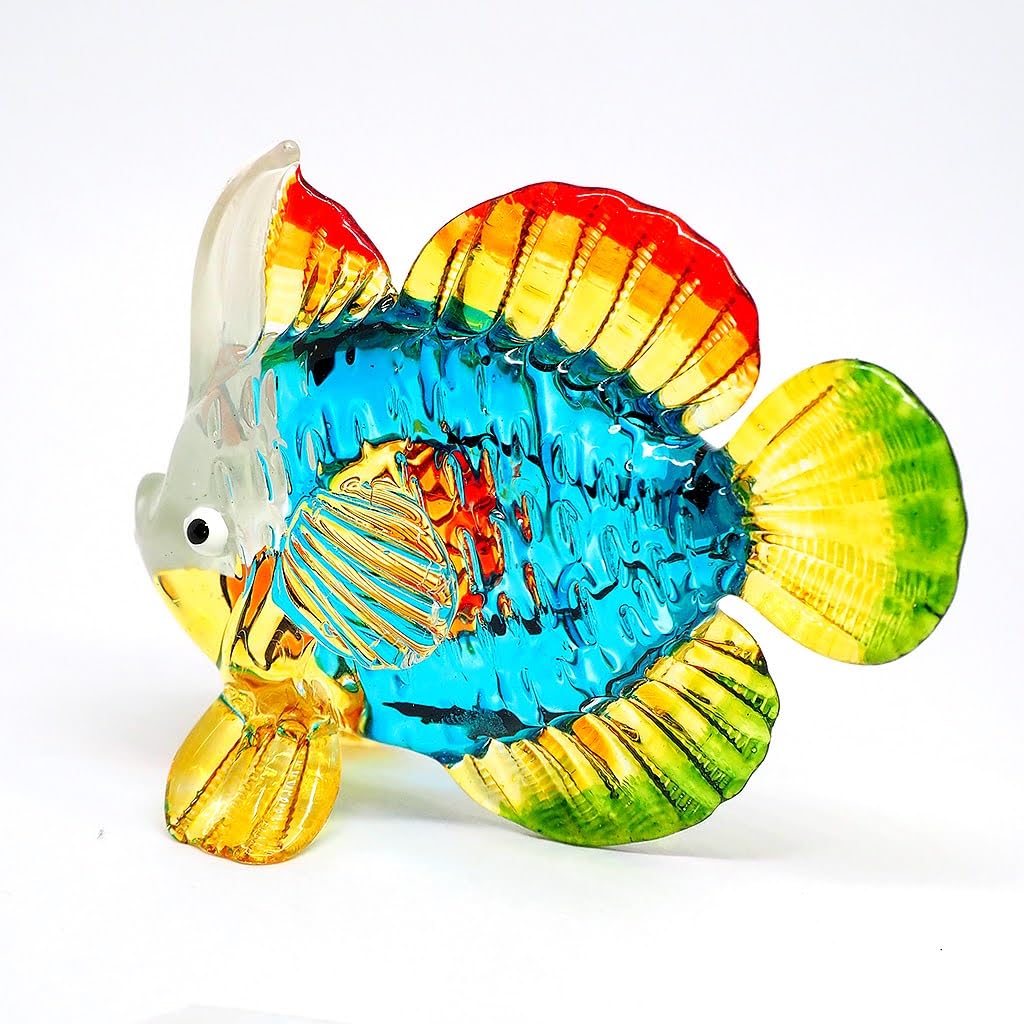 ZOOCRAFT Blown Glass Fish Figurine, Hand Painted Sea Creature Gift Ornament, 2.6" Tall Blue/Green Coastal Decor