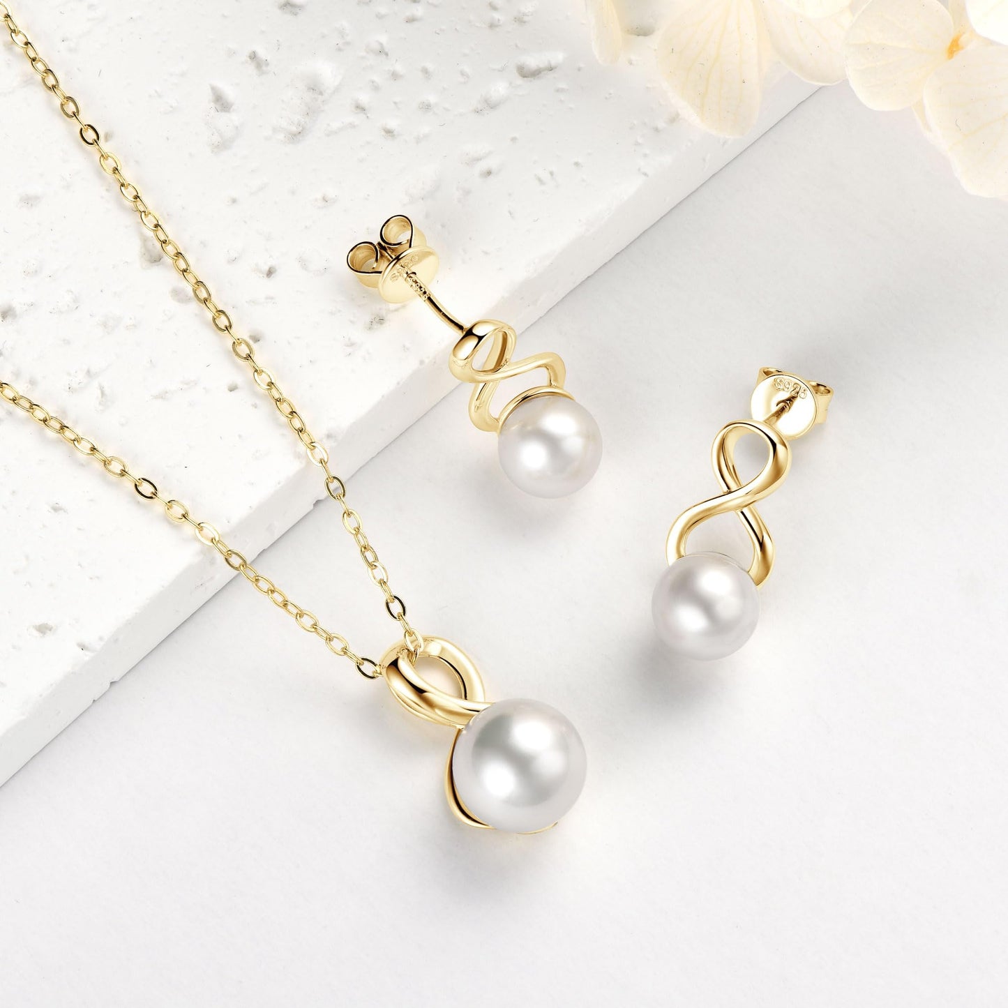 DENGGUANG Pearl Necklace and Earring Set for Women, 14K Gold Plated Freshwater Cultured Pearl Infinity Wedding Jewelry Anniversary Birthday Gifts for Her