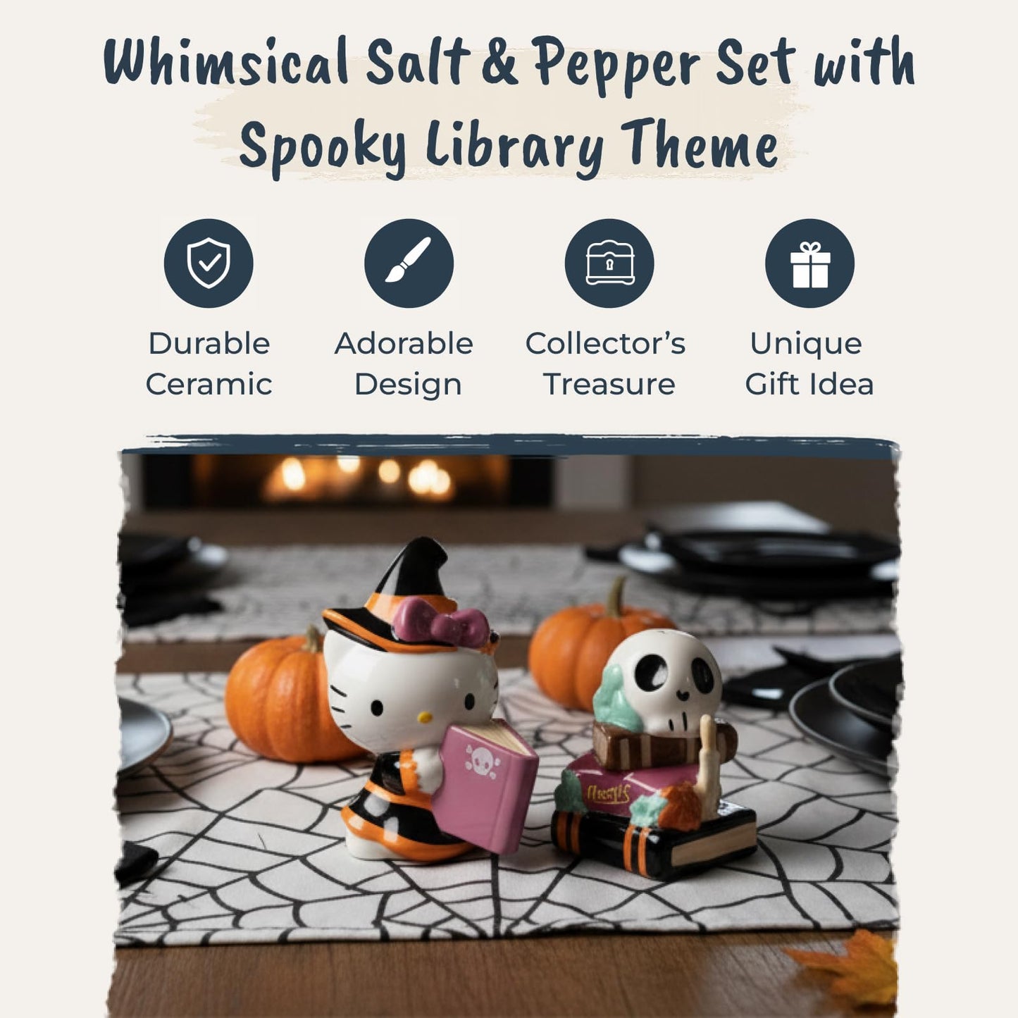 Blue Sky Clayworks Hello Kitty Spooky Library Salt & Pepper Shaker Set, Ceramic, 6" L x 3" W x 4" H, Witchy Bookish Duo